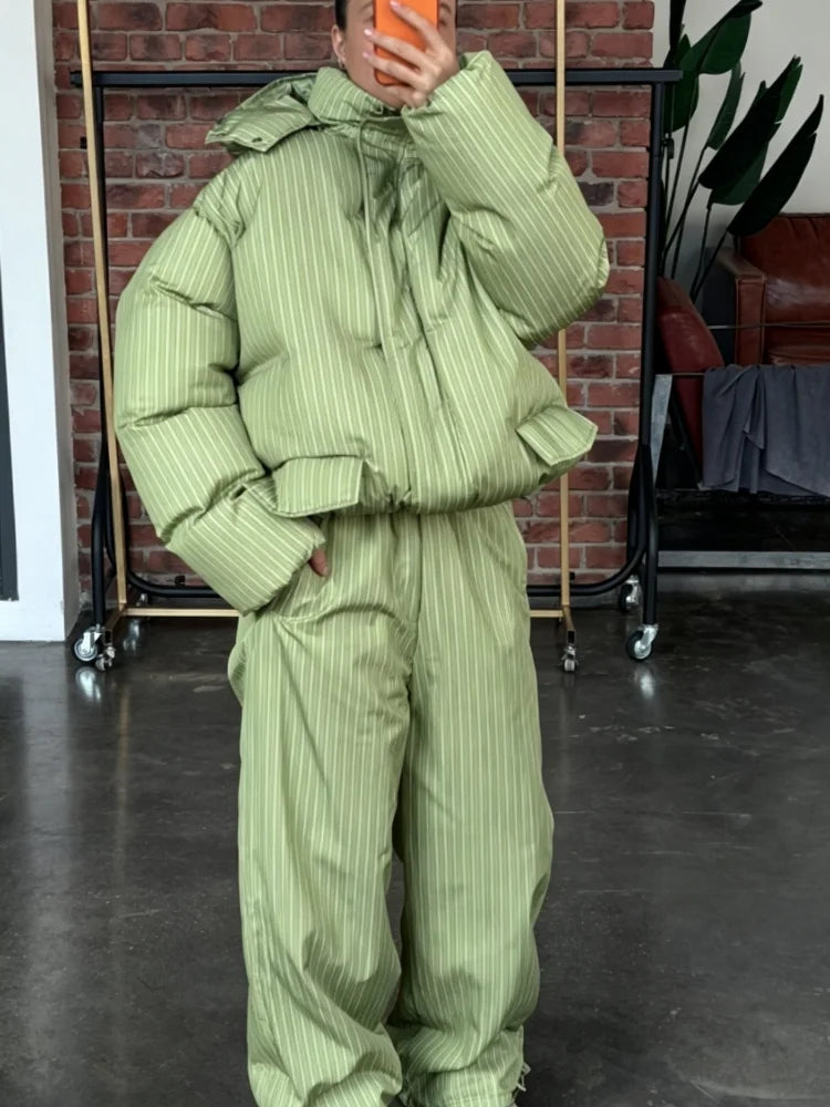 Women Striped Hooded Puffer Two Piece Outfit Oversized Cropped Jacket Baggy Pants Set Daily Outdoor Fashion Matching Outfit LadyShow.Store