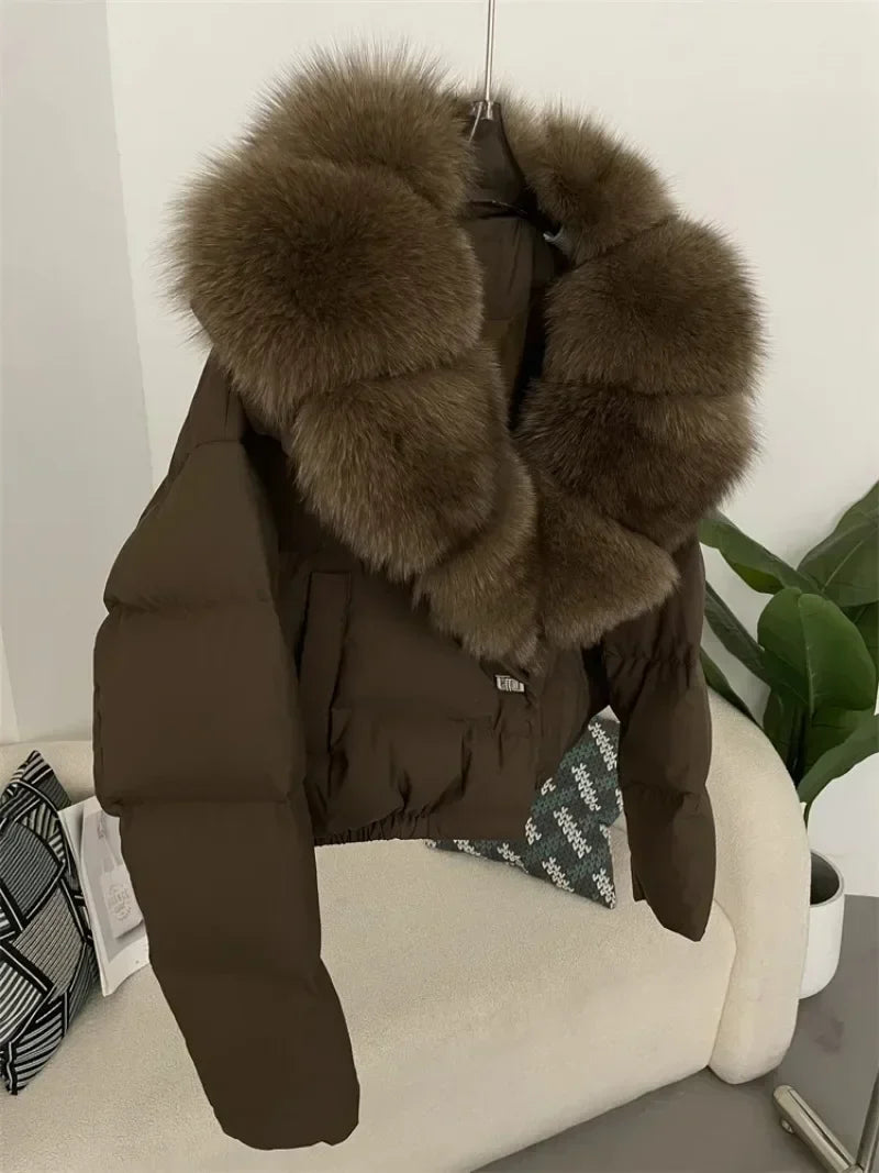 Down Jacket Women Short Puffer Jacket Thick New Big Natural Real Fox Fur Coat  Autumn Winter Female White Duck Down Coat Feather LadyShow.Store