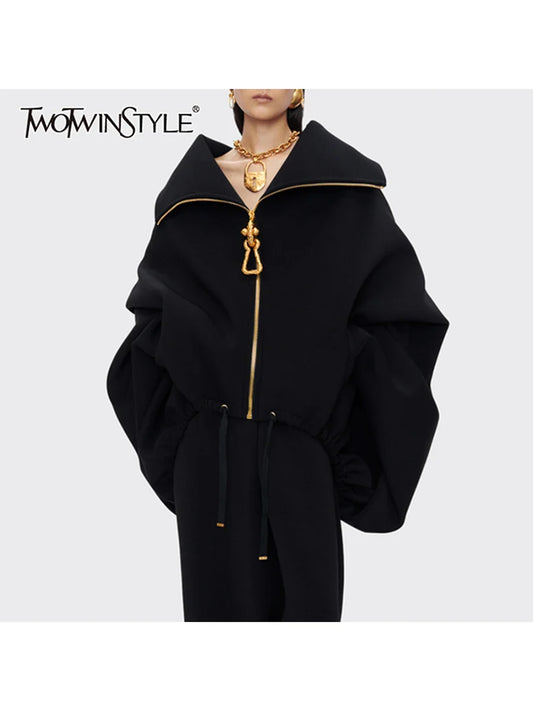 TWOTWINSTYLE Solid Loose Spliced Zipper Fashion Jackets for Women Lapel Long Sleeves Patchwork Lace Up Casual Jacket Female New LadyShow.Store