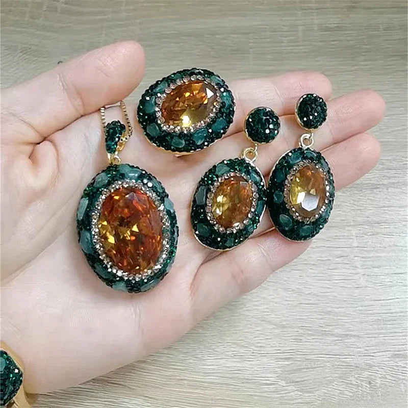 Round Colored Change Sultanite Crystal Bangle Rings Sets for Women Necklace Earring Rings Golden Green Zultanite Quartz Jewelry Pi-Mart
