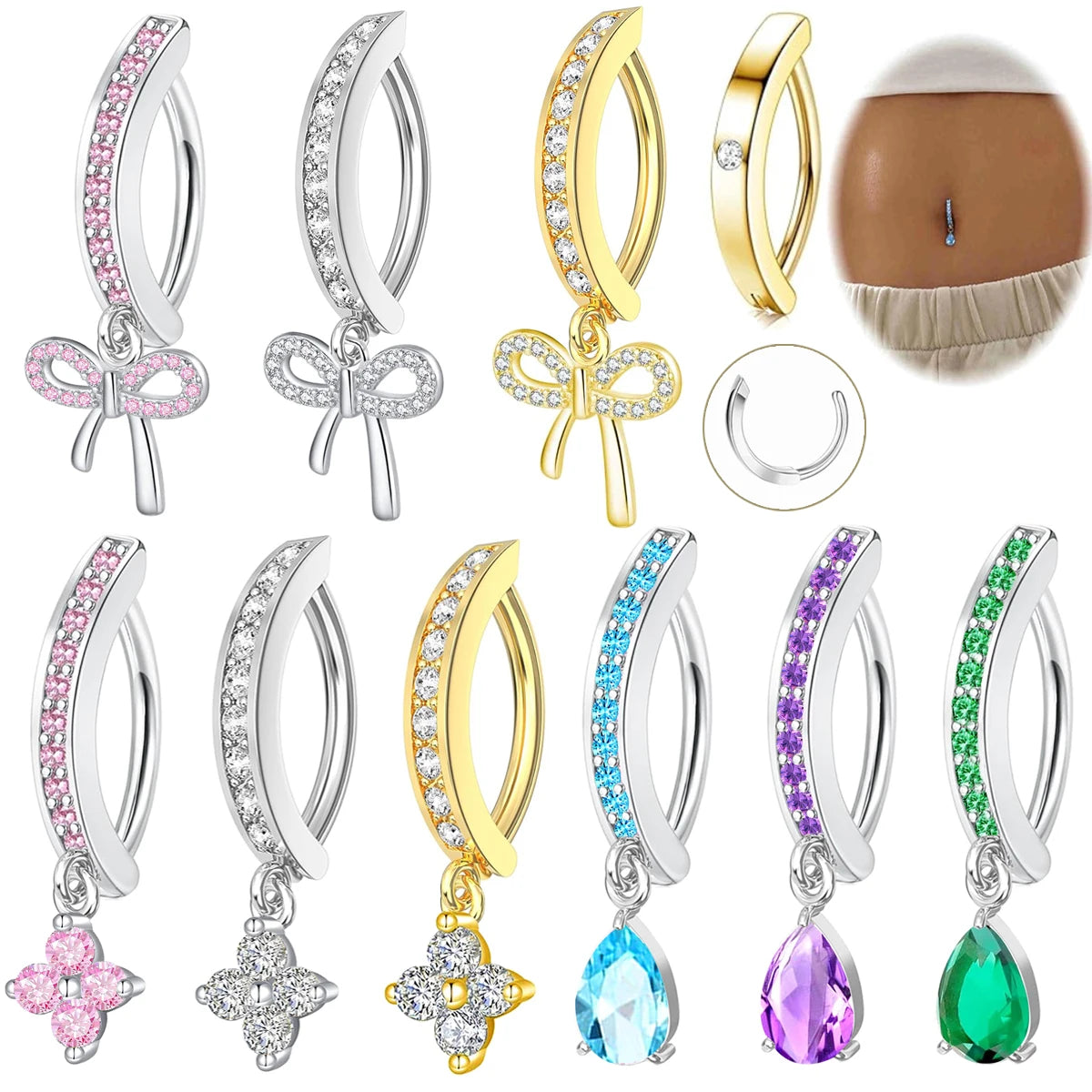 1PC Stainless Steel 14G Dangle Belly Button Ring for Women Heart Bow Reverse Hoop Clicker Navel Rings Body Piercing Jewelry Pi-Mart