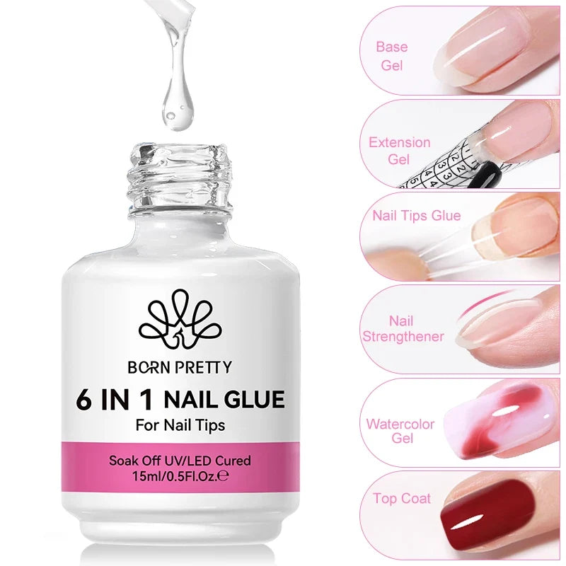 BORN PRETTY 6 IN 1 Nail Glue Gel 15ML for Acrylic Nails Soak off Base Gel Top Coat UV Extension Nail Gel False Nail Tips Gel Tri Light Beauty