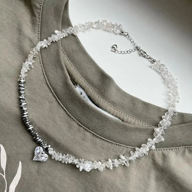 New Irregular Choker Vintage Tassels Zircon Heart Pendant Necklace For Women Female White Imitation Pearl Chain Valentine's Gift Pi-Mart