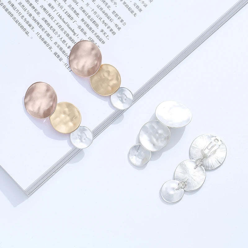 Trendy Vintage Hammered Texture Round Disc Clip on Earrings Non Pierced Matte Platting for Women Statement Earrings Jewelry Pi-Mart