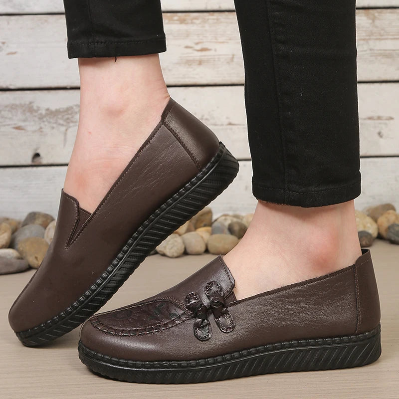 Women's Leather Flat Shoes, Spring and Autumn Women's Loafers, Single Classic Mom Shoes, Anti-Slip Comfortable and Free Shipping Pi-Mart