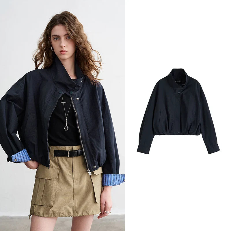 TOYOUTH Women Slub Cotton Jackets 2026 Spring New Cropped Tulip Silhouette Striped Cuff - Turn Up Stand Collar Tops LadyShow.Store