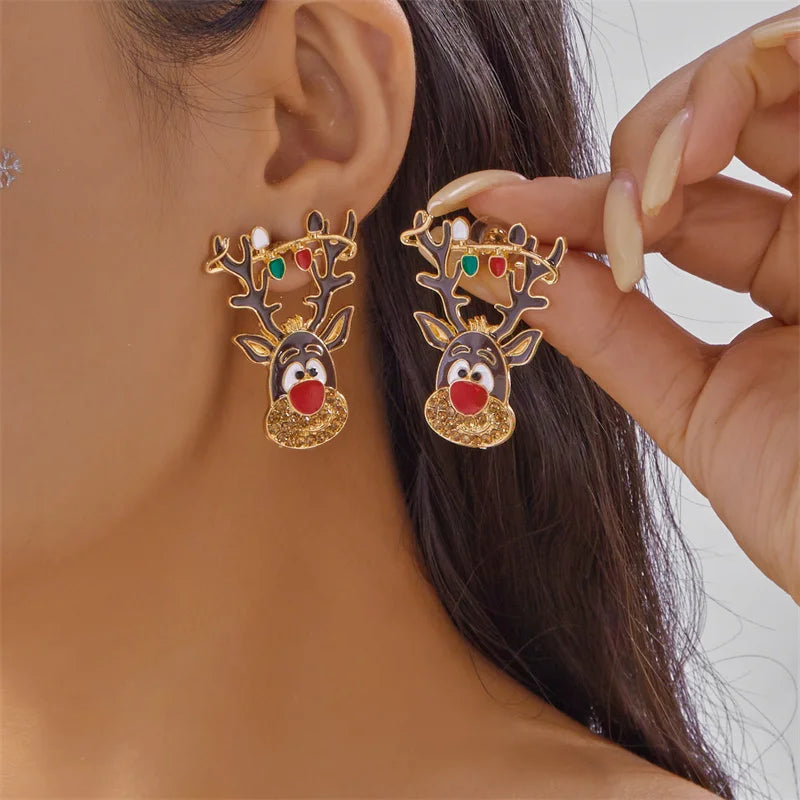Creative Christmas Grandpa and Grandma Zircon Stud Earrings For Women White Pearl Crystal Snowman Elk Earring New Year Jewelry Pi-Mart