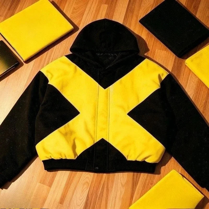 2026 American fashion brand black and yellow cross-shaped jacket high street style loose stand-up collar zipper cardigan jackett Pi-Mart
