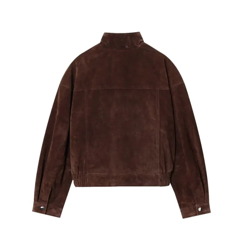 Women Suede Leather Jacket with Pockets Autumn Fashion High Collar Long Sleeve Button Jacket Lady Coats Causal Female Chic Tops LadyShow.Store