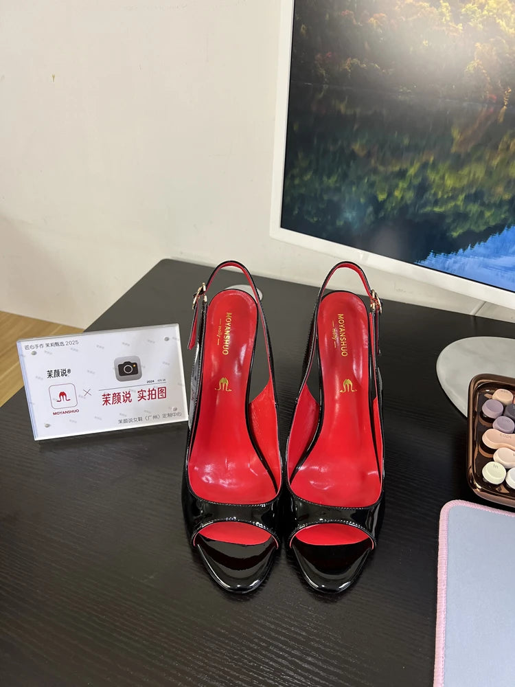 Black Fish Mouth Open toed Ultra High Heels 12cm Rear Tripstrap Thin Heel European and American Sexy Women's Large Sandals Pi-Mart