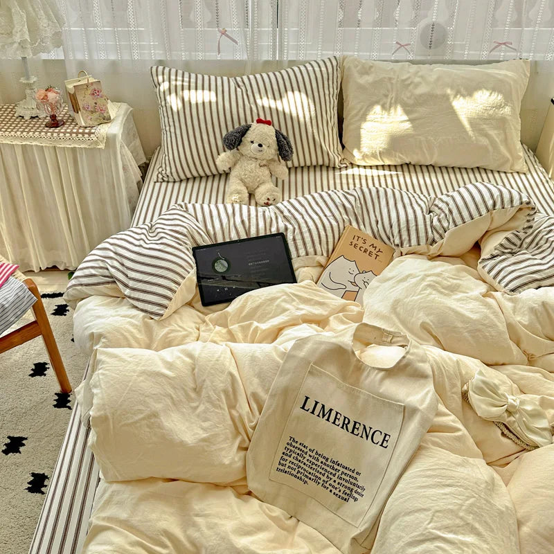 Ins Style Stripes Bedding Duvet Cover Set with Pillowcase bed sheet Full Size Bed Linen Quilt Cover Set Queen/King Double Single LadyShow.Store