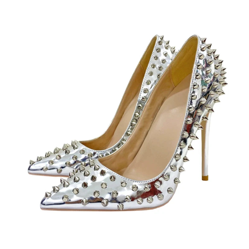 Women New Rivet High Heels 12CM Fashion Pointed Toe Party Single Shoes Europe And America Club Stage Pumps Silver Plus Size 43 Pi-Mart