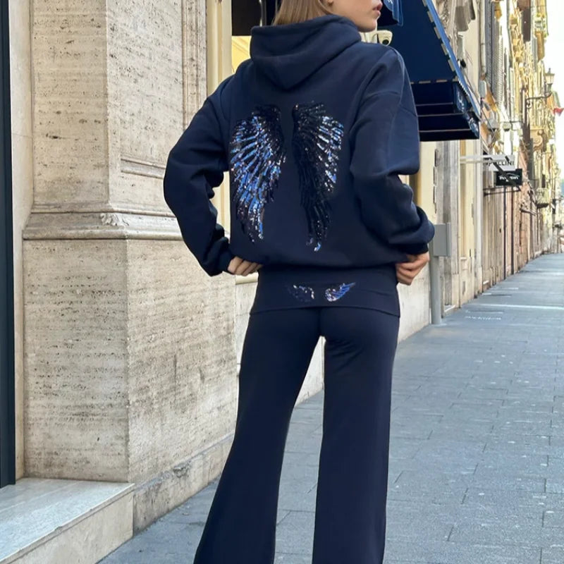 Women Free Wing Hooded Sweatshirt Pure Color Top Long Pants Clothing Suit Female 2026 New Unique Fashion Street Casual Clothes LadyShow.Store