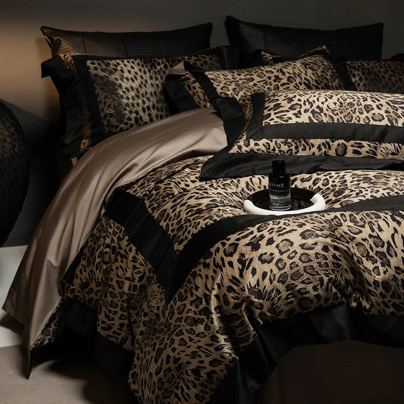 1000TC Egyptian Cotton Leopard Print Fashion Luxury Bedding Set Queen King Size Duvet Cover Flat/Fitted Bed Sheet Pillowcases LadyShow.Store
