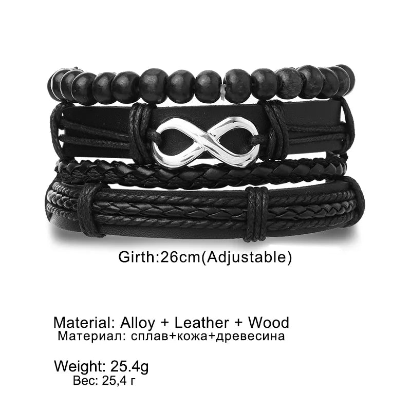 4Pcs/ Set Braided Wrap Leather Bracelets for Men Vintage Life Tree Rudder Charm Wood Beads Ethnic Tribal Wristband Rope Bracelet Pi-Mart