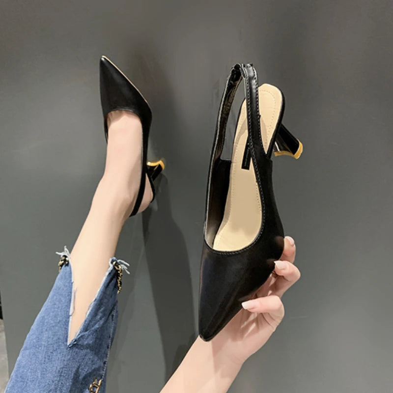 Summer Fashion New Breathable Pointed Toe Stiletto Heel PU Comfortable and Elegant Women's Shoes Shallow Mouth Sexy Sandals Pi-Mart