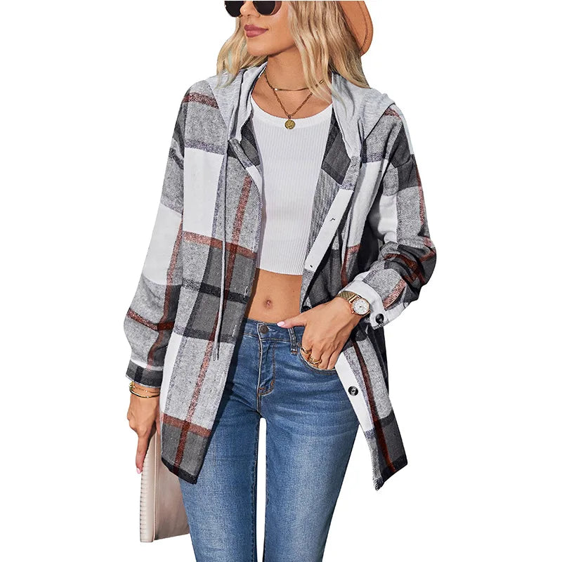 Women Hooded Plaid Wool Coat Blouse Top Spring Summer Fashion Outerwear Pi-Mart