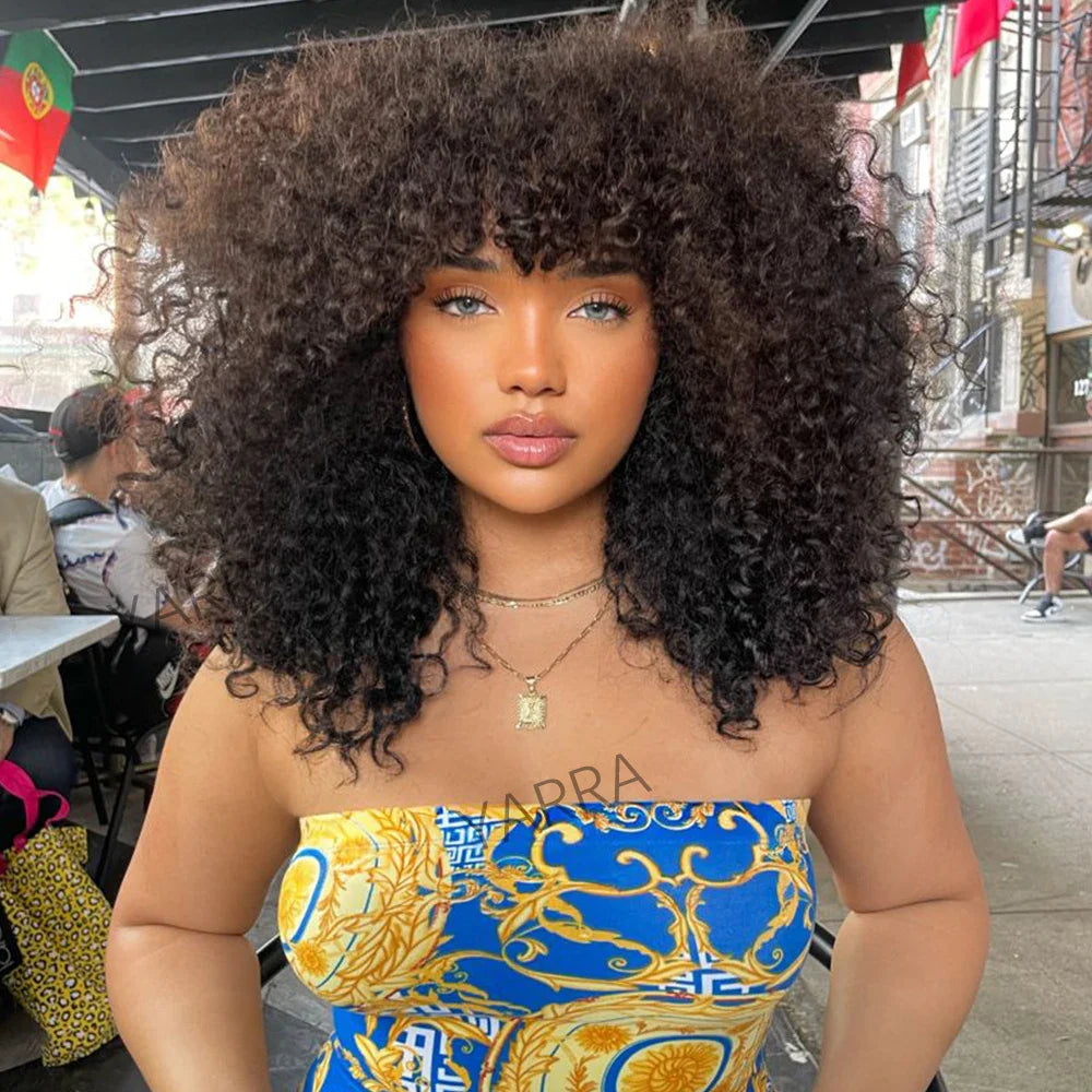 Afro Kinky Curly Human Hair Wig With Bangs For Black Women 180% Density Glueless Brazilian Remy Full Machine Made Hair Yarra LadyShow.Store