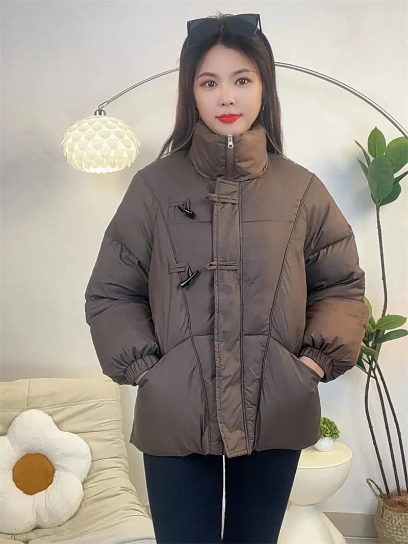 Women's Jacket New Korean Version Stand Collar Short Cotton-padded Jacket Thickening Warm Parkas Winter Vintage Coat Pi-Mart