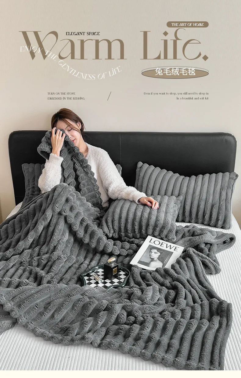 2025 autumn and winter new solid color imitation rabbit fur blanket thickened blanket drawn milk fleece blanket,  no pillowcase Pi-Mart