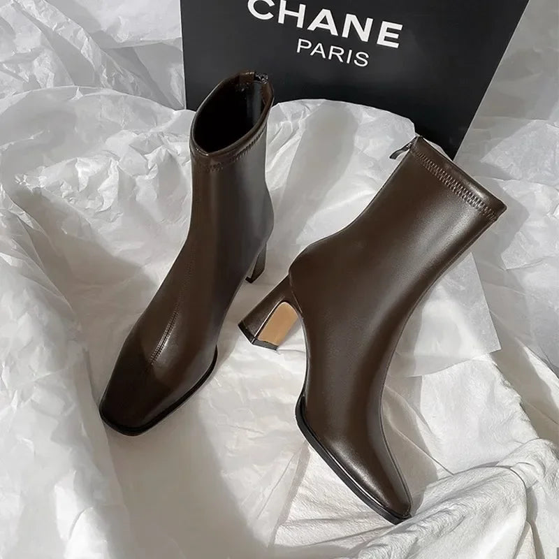 Vintage Warm Cotton Women Ankle Boots Fashion Elegant Square Toe Shoes Autumn Winter Thick Heel Women's Short Booties LadyShow.Store