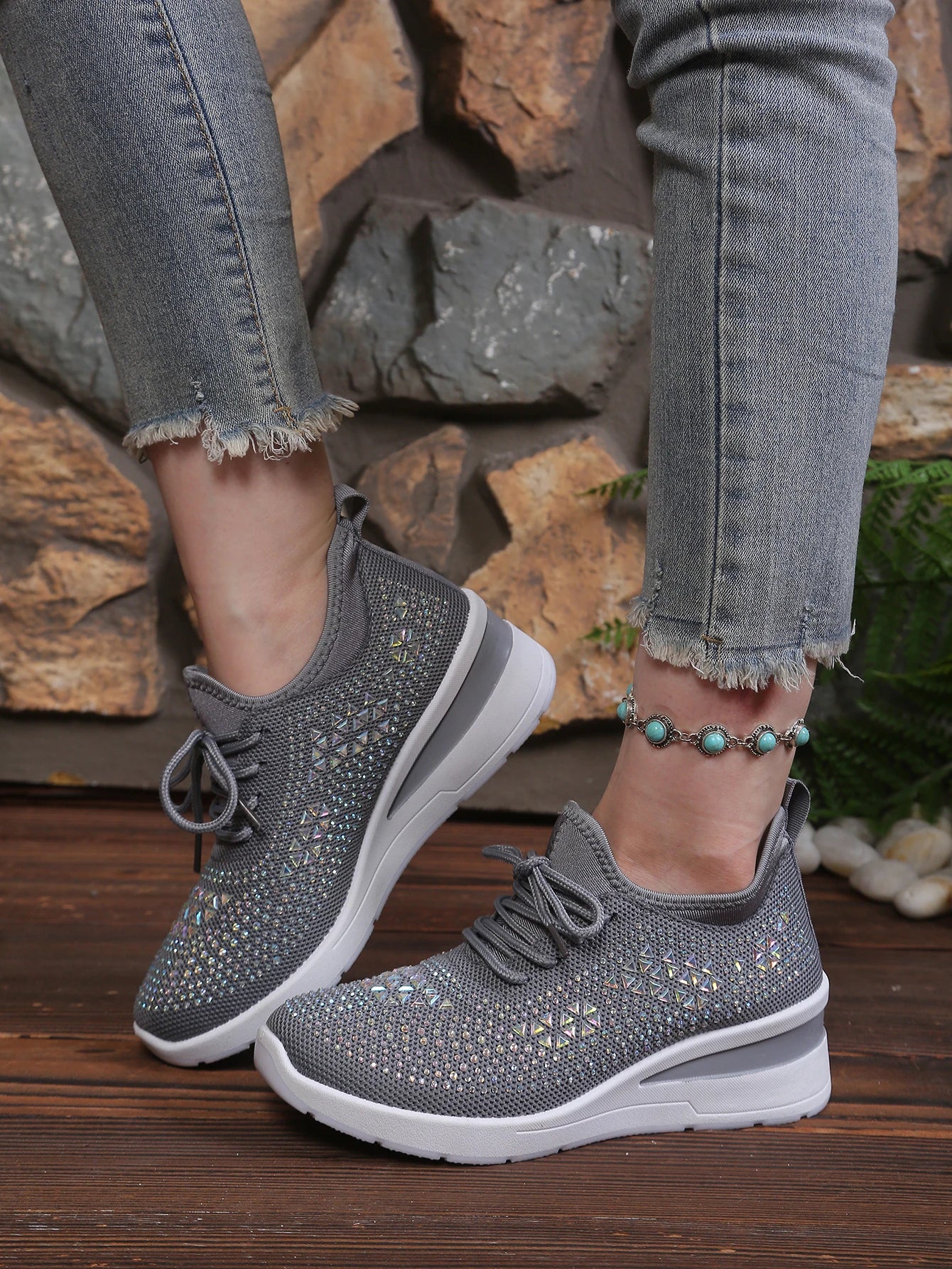 Women's Rhinestone Embellished Knit Mesh Wedge Sneakers, Adjustable Lace-Up Closure, Daily Walking Casual Footwear Pi-Mart