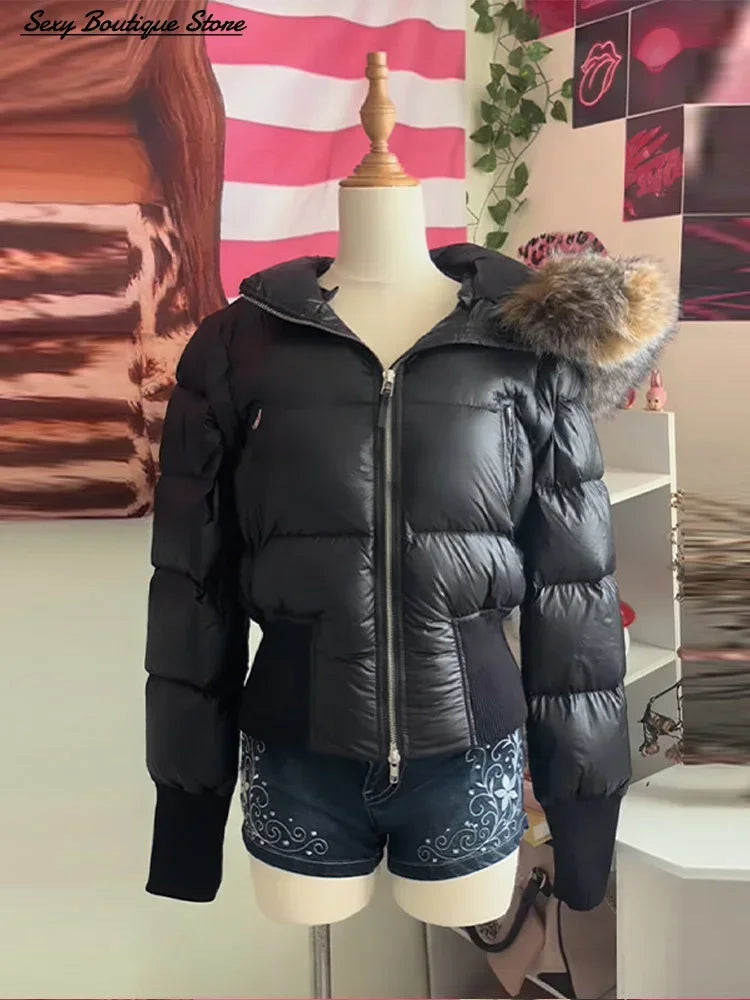 Y2K Retro Slim Women's Autumn and Winter Title Seamed Cotton Jacket Faux Fur Collar Long Sleeve Jacket 2025 New Jacket LadyShow.Store
