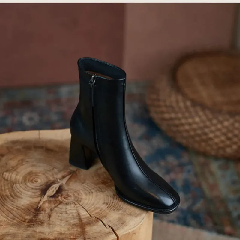 2024 Autumn and Winter New Fashion Square Head Retro High Thick Heel Side Zipper Skinny Short Boots Women's All-match Nude Boots Pi-Mart