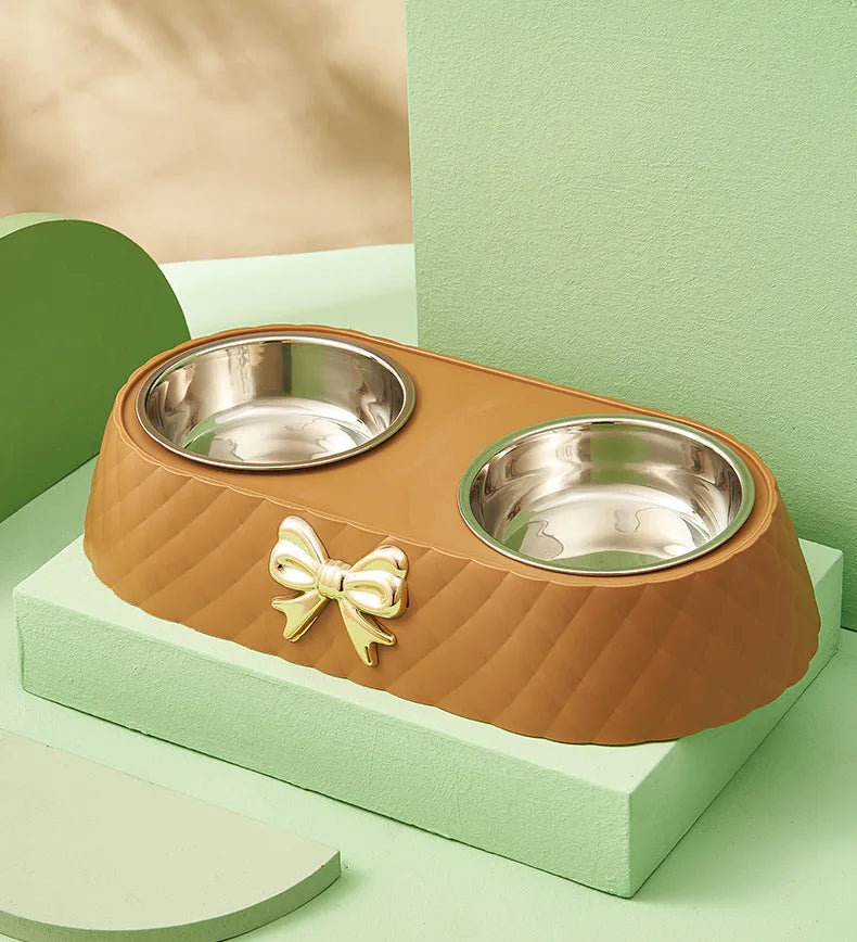 Pet Supplies Bow-tie Bowknot Cats Food Bowl PP Base Dog Bowl Stainless Steel Double Pet Accessories Feeding Drinking Double Bowl Pi-Mart