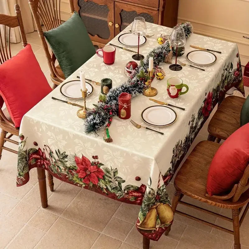 Christmas Rectangle Tablecloth, Poinsettia Design Tablecloth For New Year Party And Dinner Christmas Table Decor Tablecloth Pi-Mart