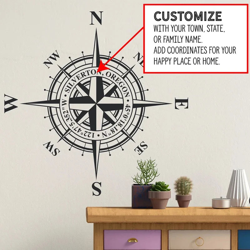 Customizable Compass Rose Wall or Ceiling Decal, Add Your Own Coordinates, Town, State or Family Name Nautical Home Decor AB37 LadyShow.Store