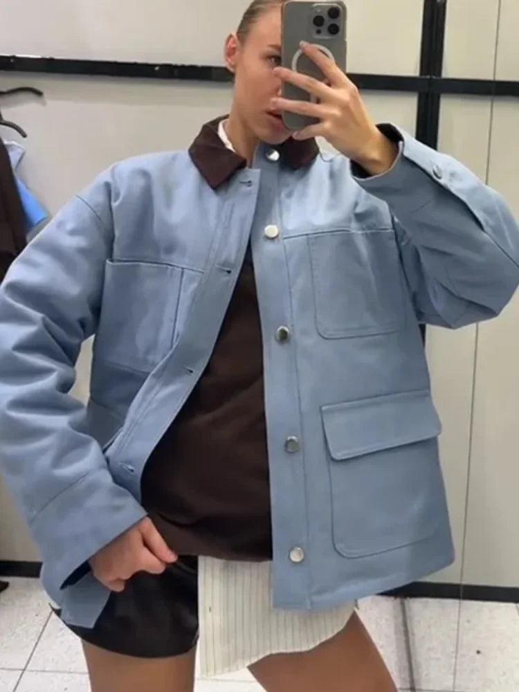 Women Blue Casual Multiple Patch Pocket Jacket Chic Corduroy Collar Single Breasted Short Coat 2026 Lady Daily Spring Wear New LadyShow.Store