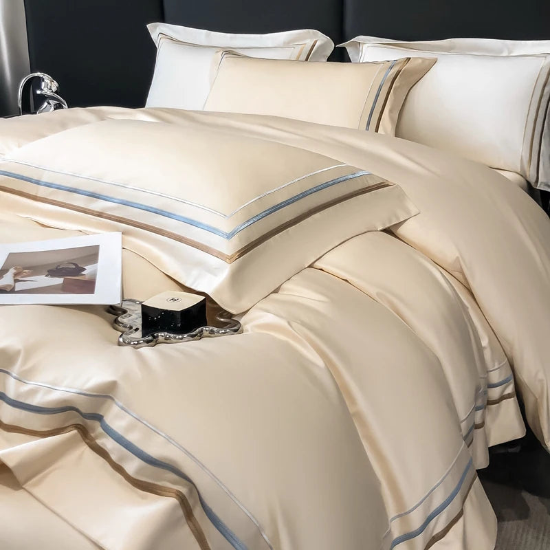 Hotel Style Bedding Set Luxury Golden Embroidery Duvet Cover Grey Egyptian Cotton Bed Sheets Pillowcases Solid Color Bedclothes Pi-Mart