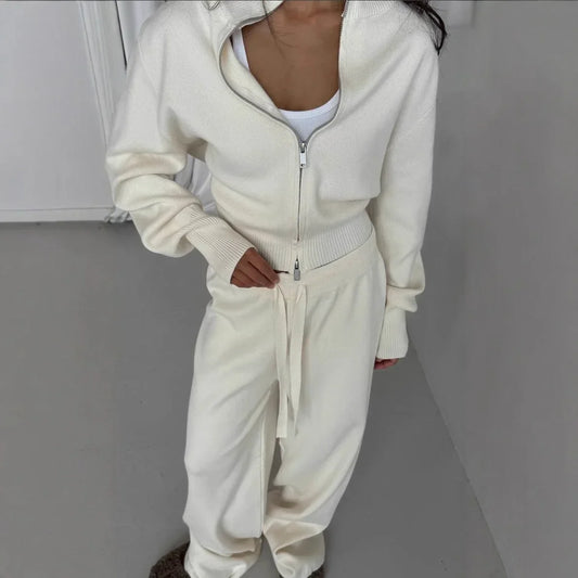 Women Cotton Knitted Cardigan Wide Leg Pants Suit Autumn and Winter Lady  Fashion Loose Daily Office Jacket Straight Pants 2Pcs LadyShow.Store
