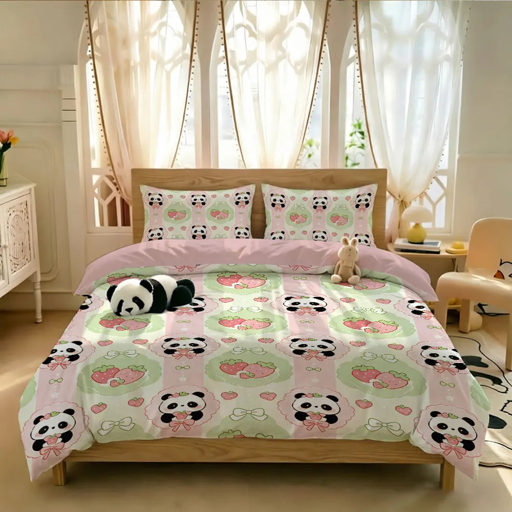 3pcs Cartoon Panda Print Coreless Duvet Cover Cool Summer Lightweight Bedding Set Multi Size Bedroom Bedding Decoration Pi-Mart