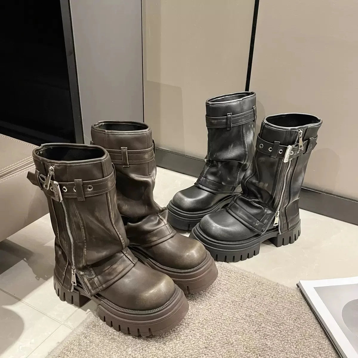 2025 Winter Women Biker Boots Fashion Belt Buckle Ladies Elegant Platform Long Pipe Booties Casual Women's Knee High Booties LadyShow.Store