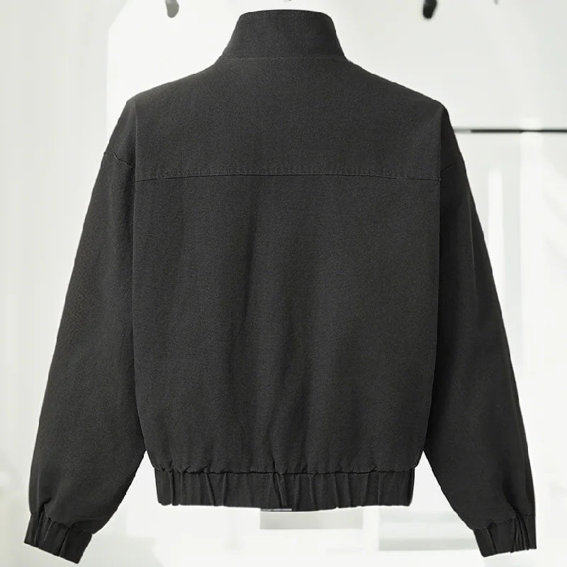 Stylish Girl Stand Collar Street Jacket Personality Button Zipper Solid Jacket Date Commuter Clothing Female New Casual Clothes Pi-Mart