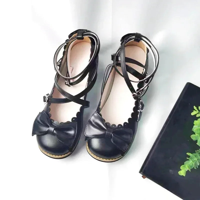 Lolita Shoes Women Flats Low Round With Cross Straps Bow Cute Girls Princess Tea Party Shoes Students Lovely Shoes Size 34-41 LadyShow.Store