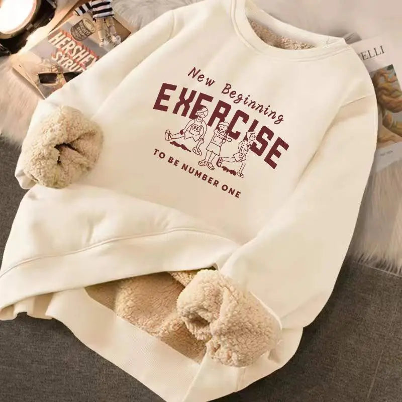 Sweatshirt Women's Winter Loose Letter Print Plush Thick Hooded Sweatshirt Warmth Padded Warm Fleece Lined Pullover Sweater Top LadyShow.Store