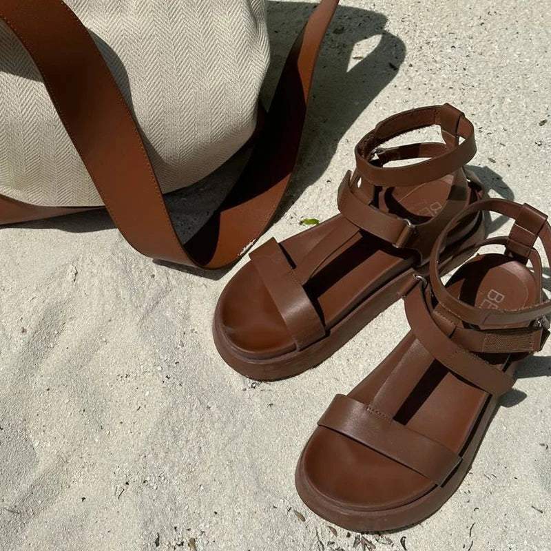 BeauToday Summer Gladiator Sandals Women Calfskin Leather Open Toe T-bar Strap Hook & Loop  Summer Ladies Shoes Handmade 07130 LadyShow.Store