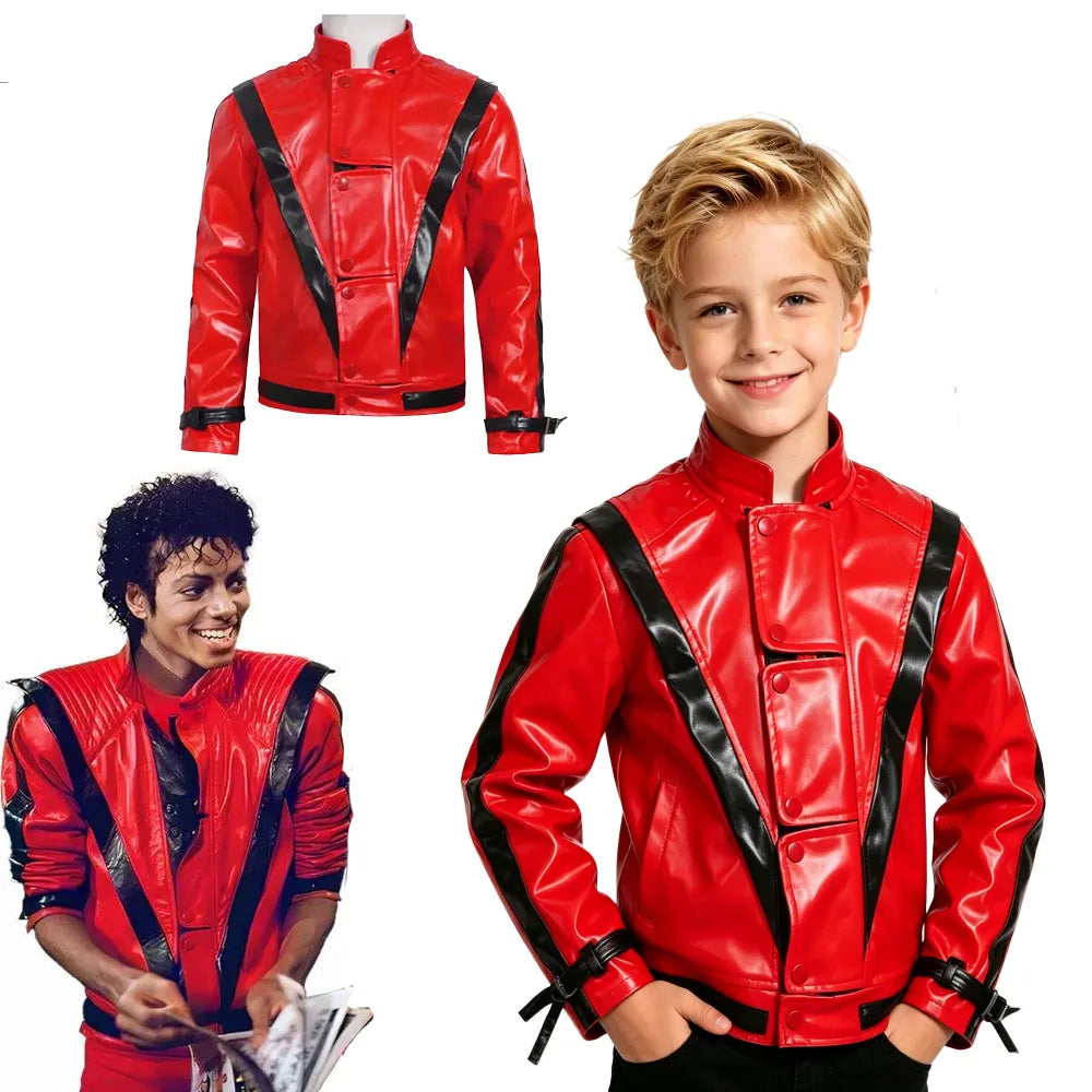Classic Michael Red Leather Jacket Cosplay Costume Zipper Design Carnival Performance Wear Teen And Adult Pi-Mart