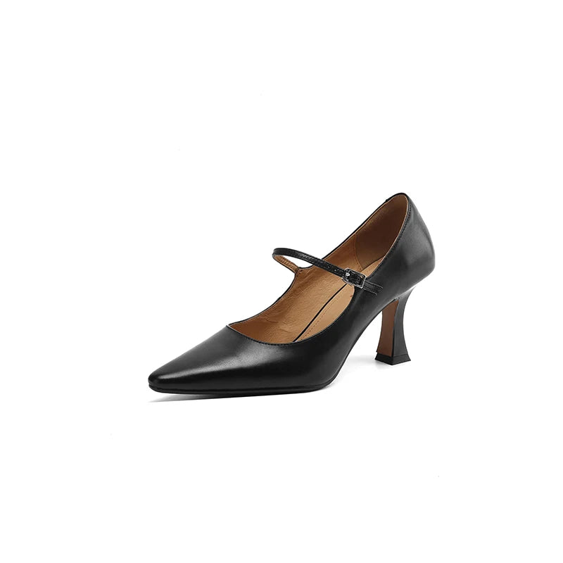 NEW Spring/Autumn Women Pumps Genuine Leather Shoes for Women Pointed Toe Thin Heel Shoes Shallow Buckle Strap Mary Janes Shoes Pi-Mart