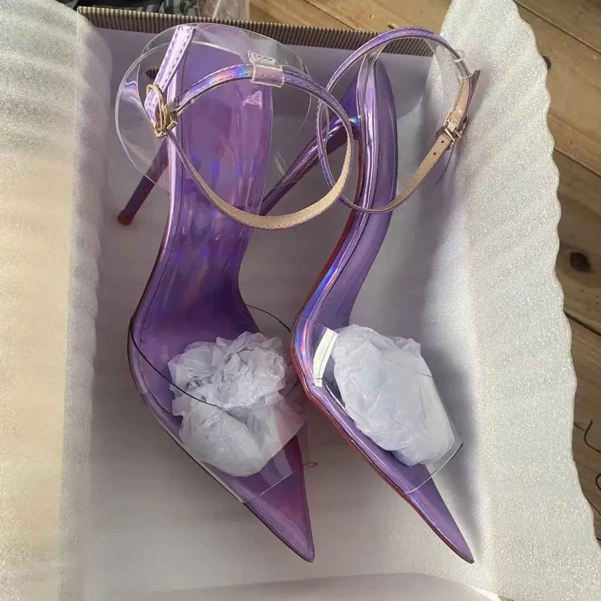 New European and American electric purple ultra soft transparent PVC sandals with straight stripes and slim heels, 12cm sexy Pi-Mart