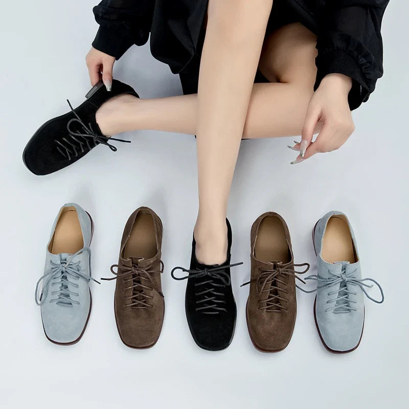 Women Loafer Lace-up 2025 New Spring Shoes Women Suede Genuine Leather Women Oxford Shoes Large Size British Style Women Shoes LadyShow.Store