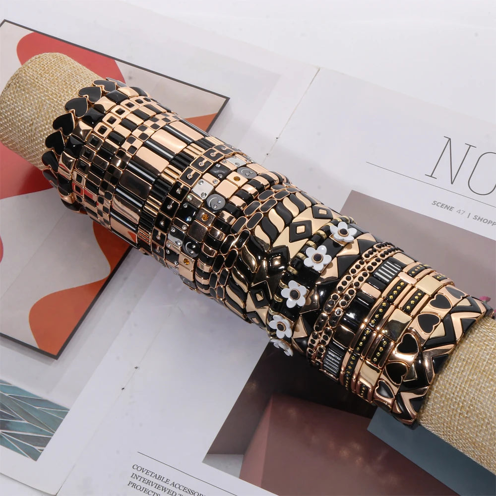 2026 New Black Gold Color Beaded Bangle for Women and Men Handmade Elastic hand Wrist Bracelets Pi-Mart