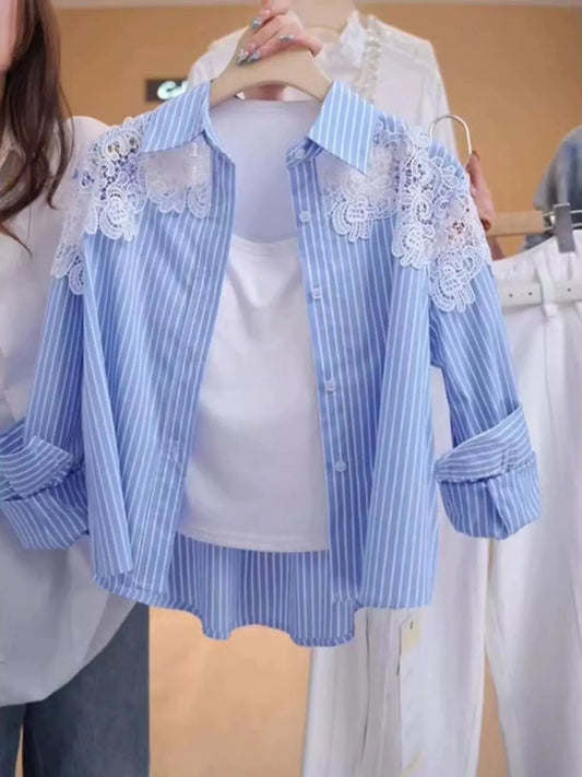 Lace Hook Splicing Polo Neck Striped Women Shirt Spring New Loose Jacket Top LadyShow.Store