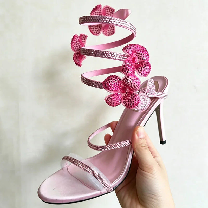 Aneikeh Sexy CRYSTAL Flower Narrow Band Ankle Strap Sandals Woman Thin High Heels Street Style  Pole Dancing Ladies Shoes LadyShow.Store