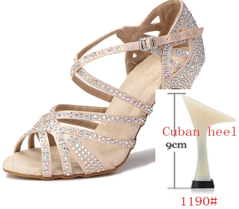 WUXIJIAO Women Party Dance Shoes Satin Shining rhinestones Soft Bottom Latin Dance Shoes Woman Salsa Dance Shoes heel LadyShow.Store