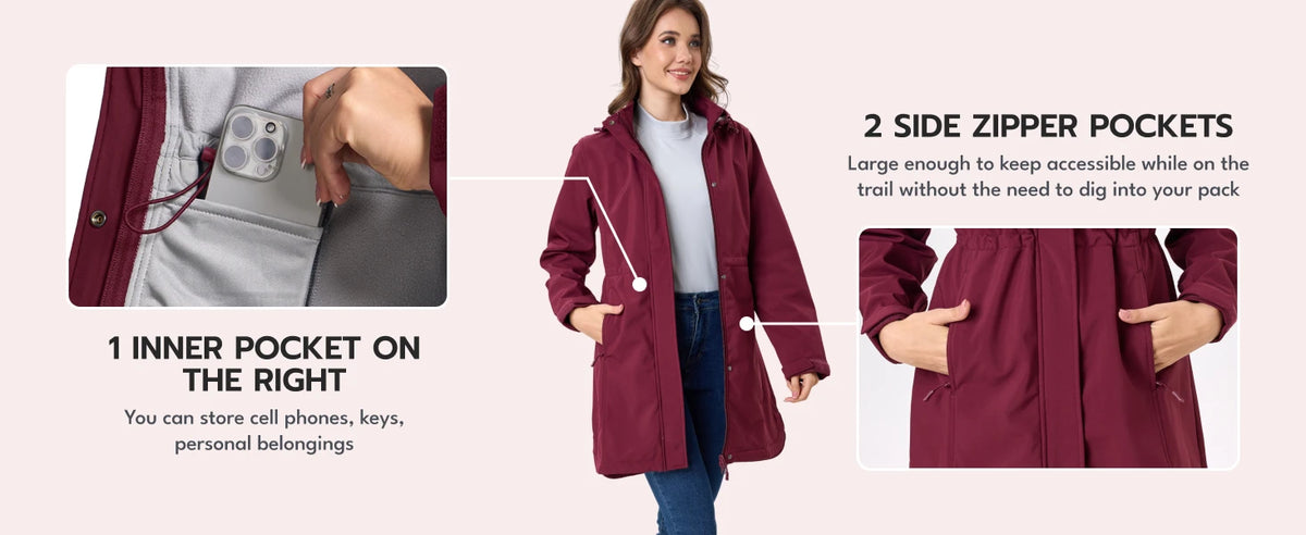 TACVASEN Women's Long Hooded Jacket Fleece Lined Softshell Jacket Waterproof Windproof Hiking Jacket Rain Coat Windbreaker Parka Pi-Mart