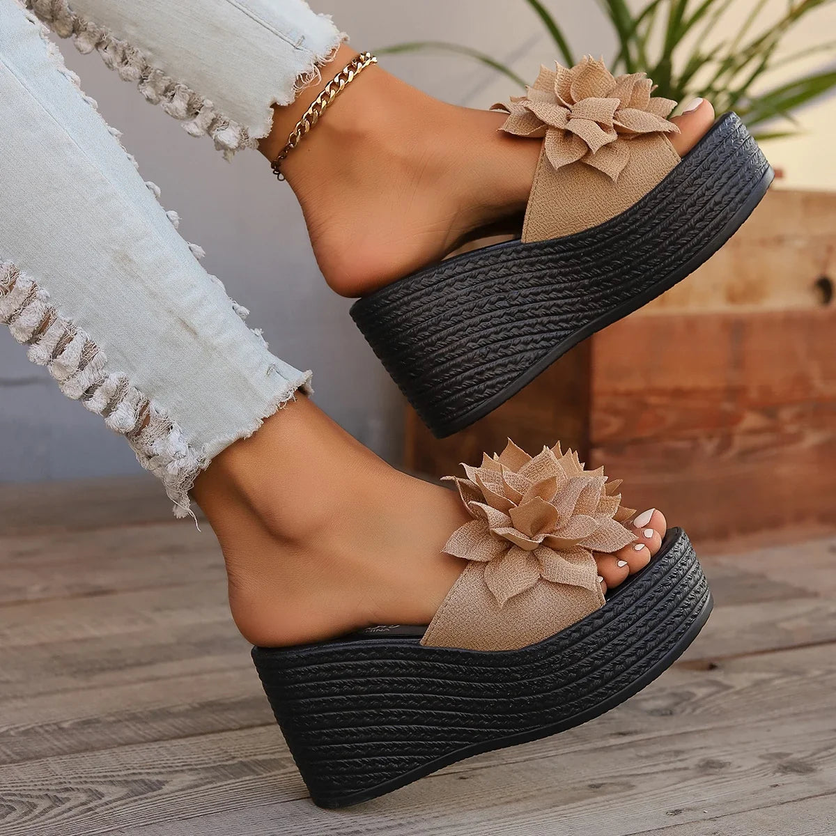 Women Platform Slippers 2024 New Summer Beach Wedges Sandals Fashion Flower Casual Slippers Women High Heel Slippers Women LadyShow.Store